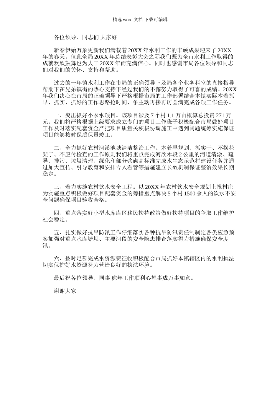 2024年乡镇在全市水利工作会议上的表态发言_第1页