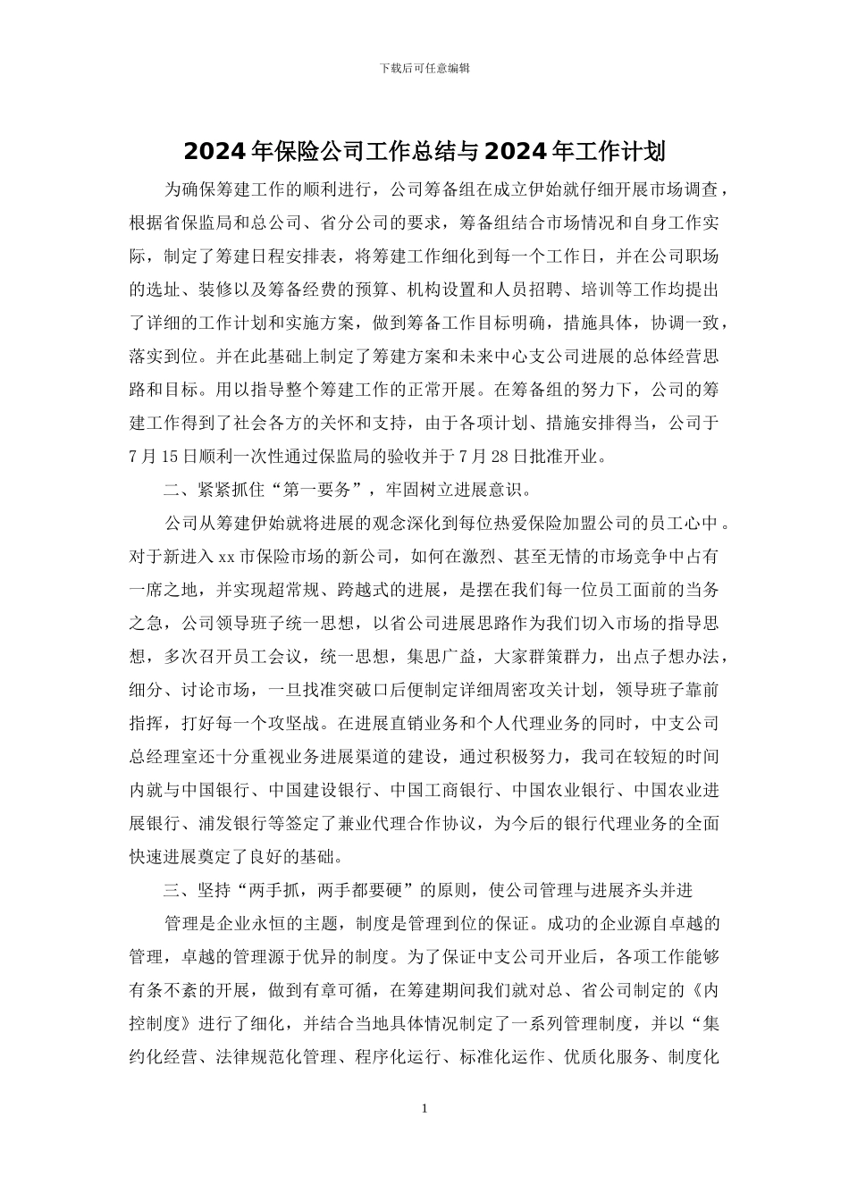 2024年保险公司工作总结与2024年工作计划_第1页