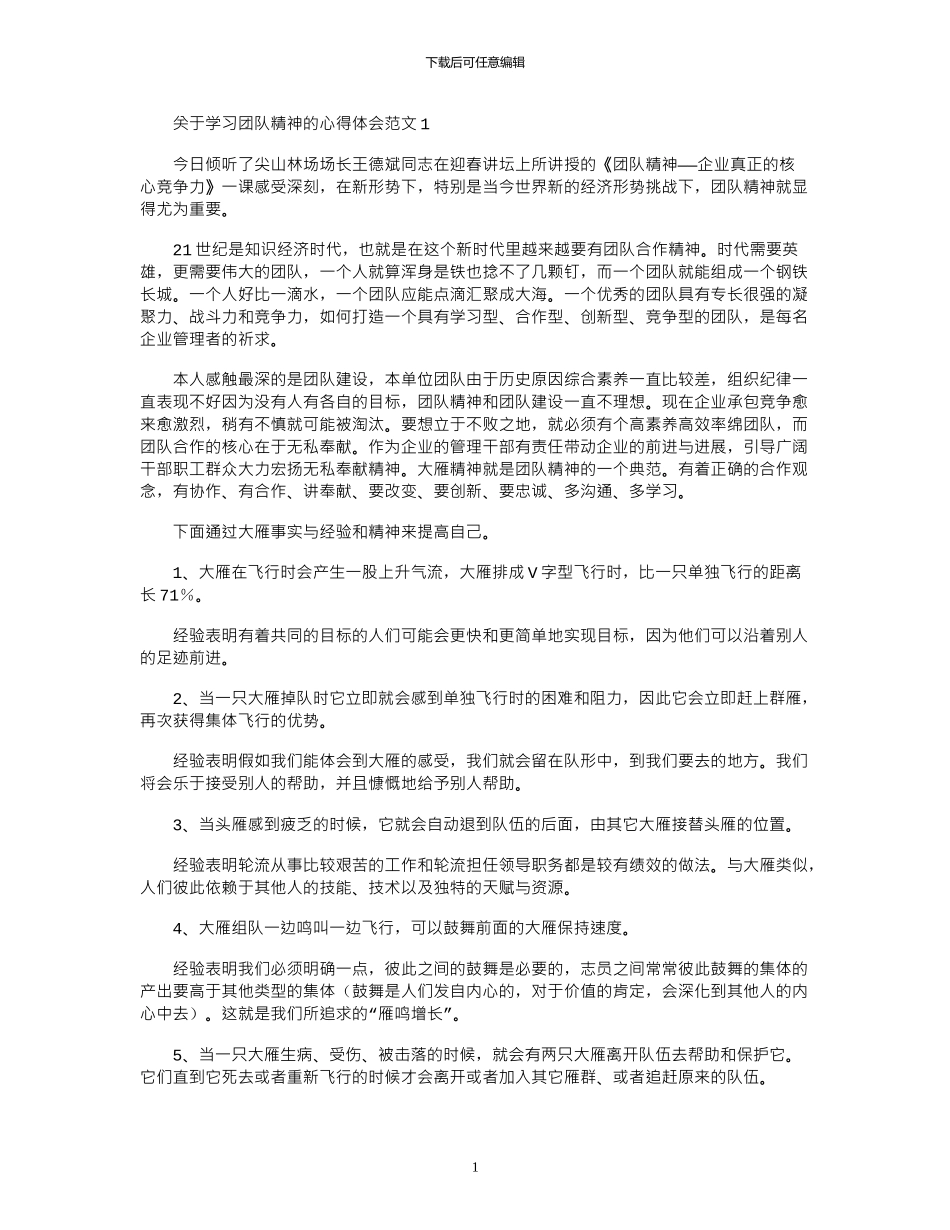 2024年关于学习团队精神的心得体会范文_第1页