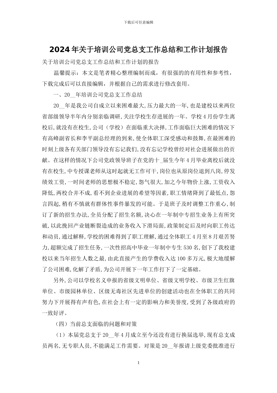 2024年关于培训公司党总支工作总结和工作计划报告_第1页