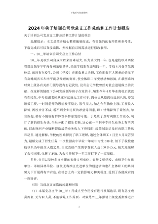 2024年关于培训公司党总支工作总结和工作计划报告