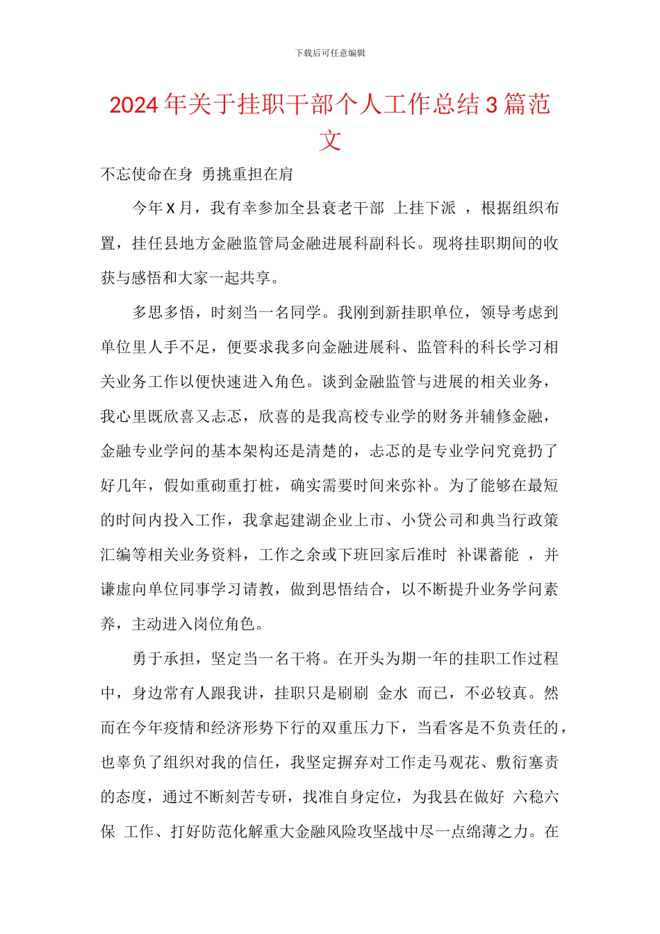 2024年关于挂职干部个人工作总结3篇范文_第1页