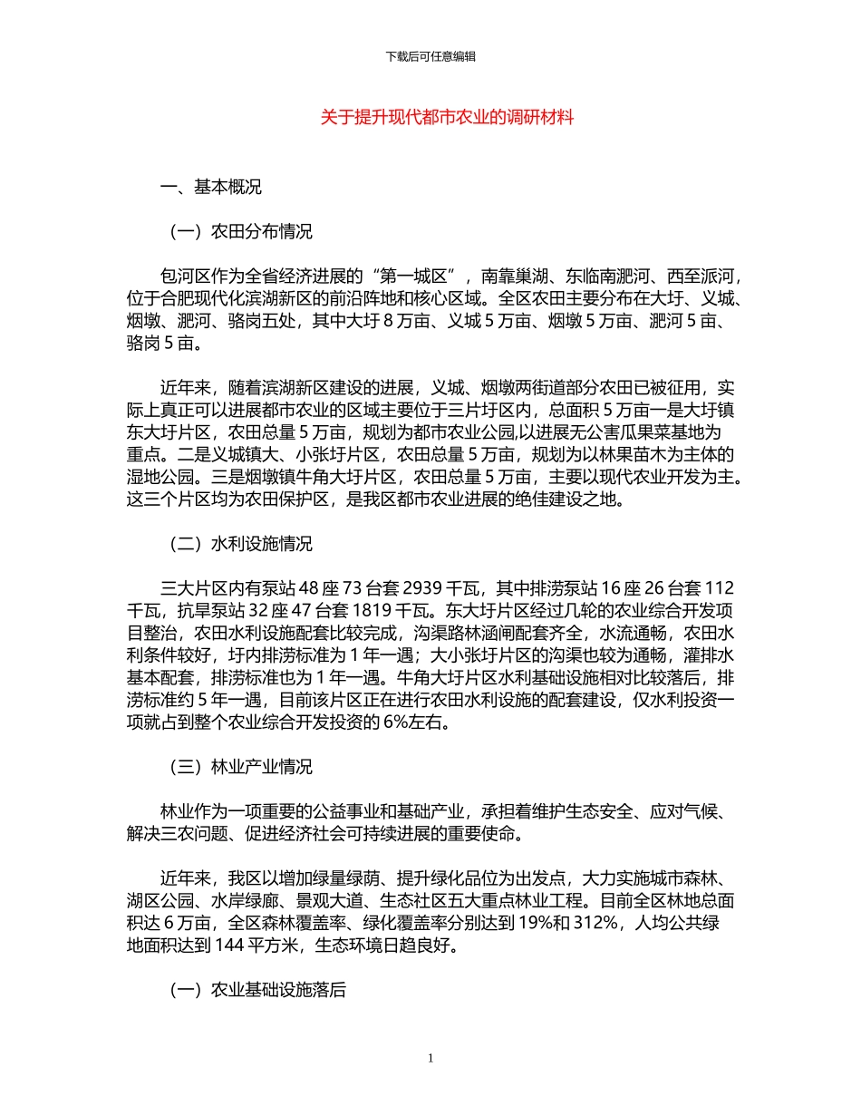 2024年关于提升现代都市农业的调研材料_第1页