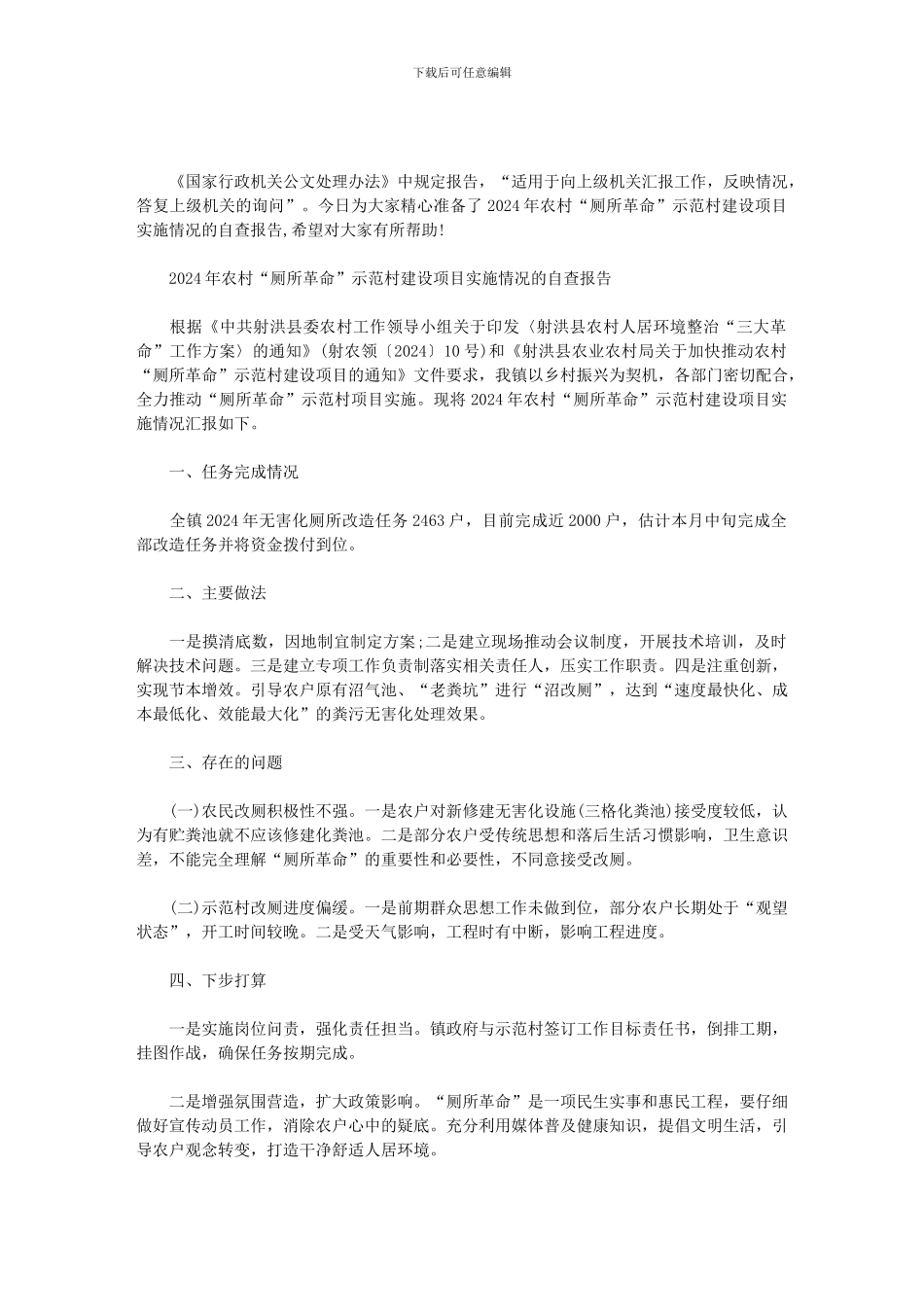 2024年农村“厕所革命”示范村建设项目实施情况的自查报告范文_第1页