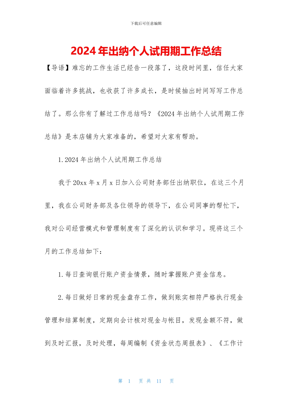 2024年出纳个人试用期工作总结_第1页