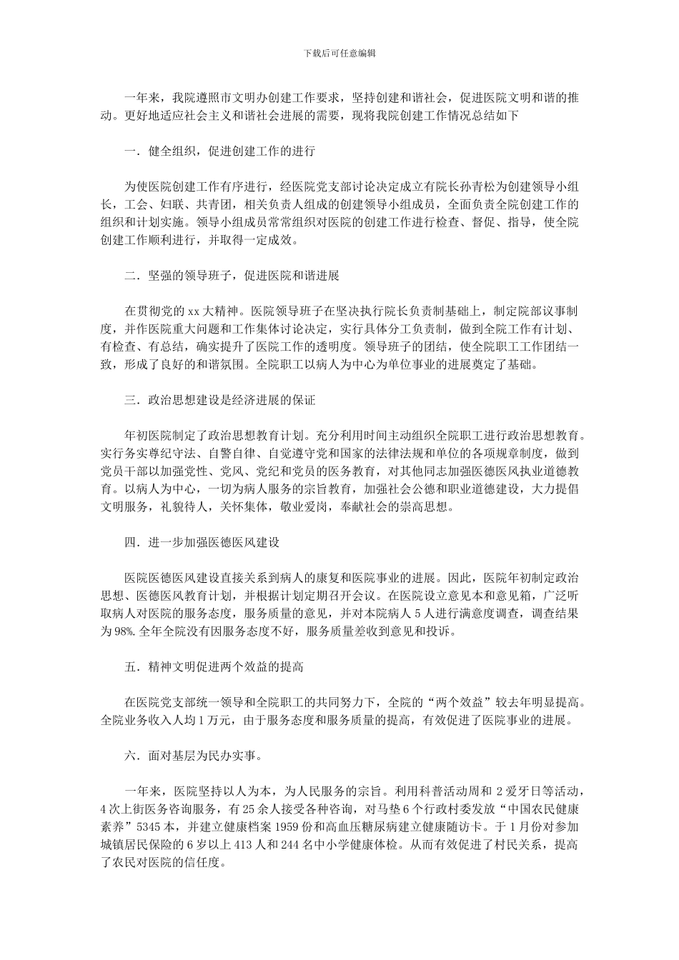 2024年医院创建文明单位工作总结_第1页