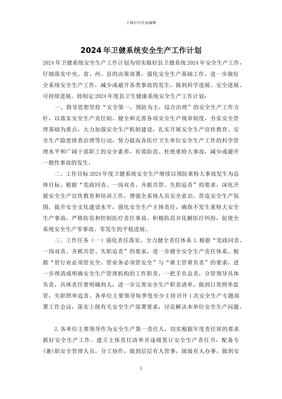 2024年卫健系统安全生产工作计划_第1页