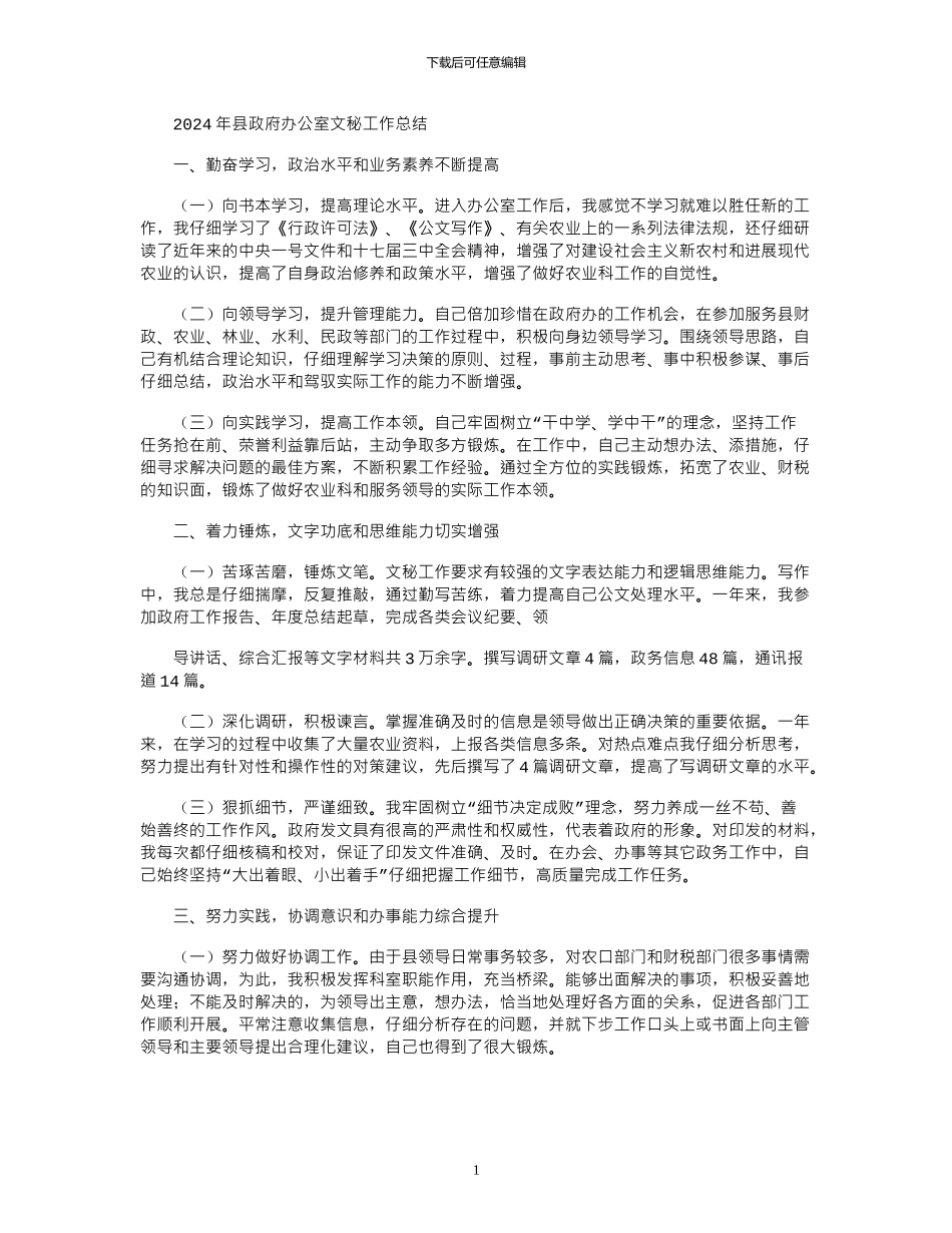 2024年县政府办公室文秘工作总结_第1页