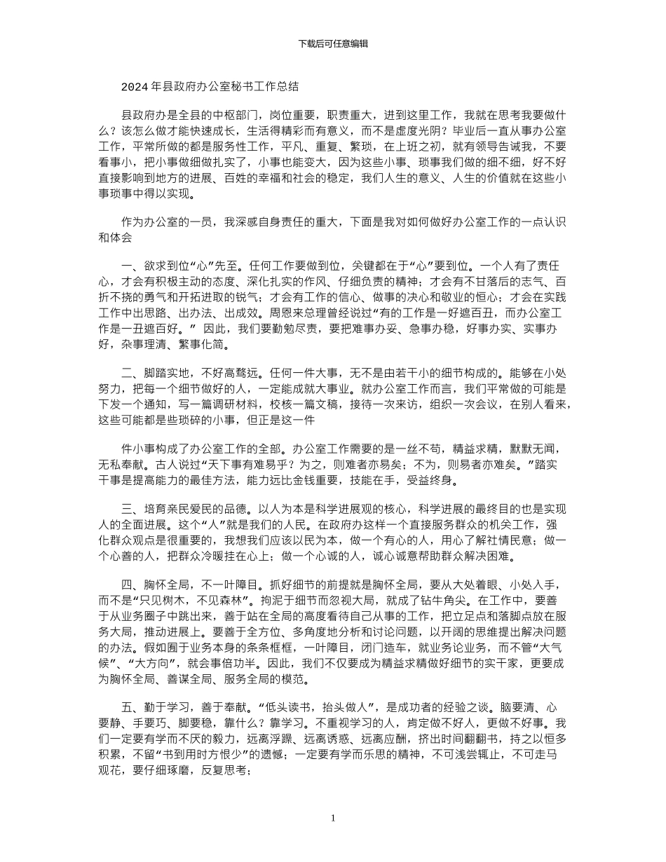 2024年县政府办公室秘书工作总结_第1页