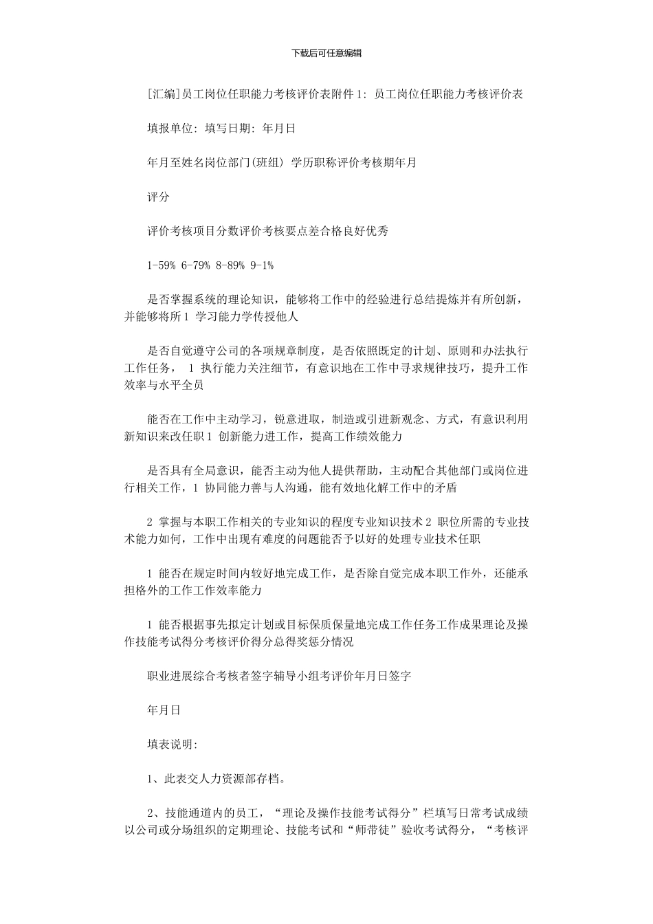 2024年员工岗位任职能力考核评价表_第1页