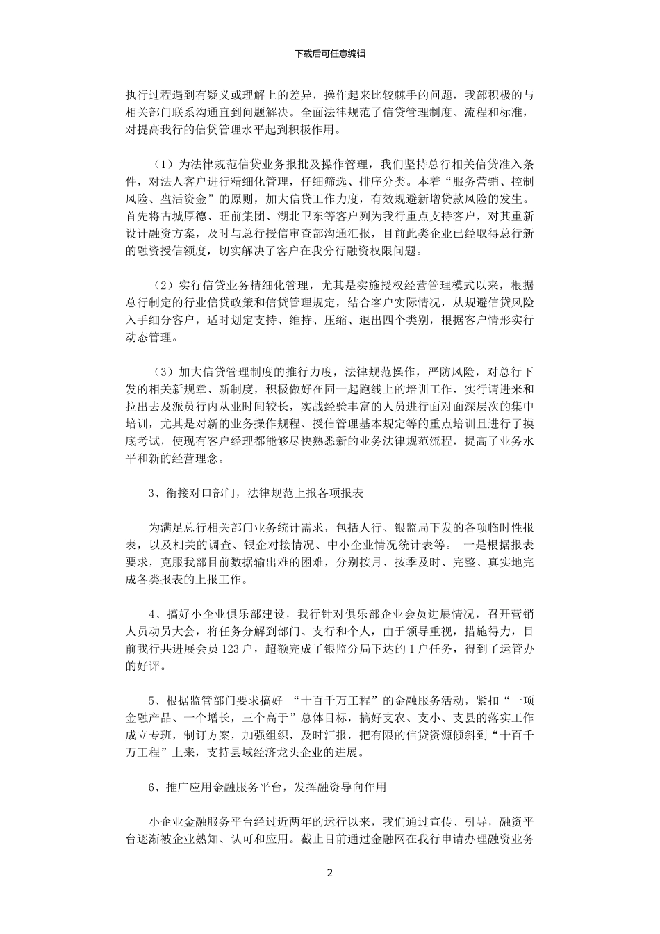 2024年商业银行信贷管理部工作总结及2024年工作计划_第2页