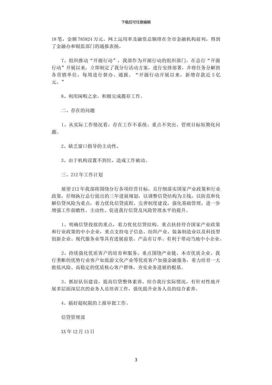 2024年商业银行信贷管理部工作总结及2024年工作计划_第3页