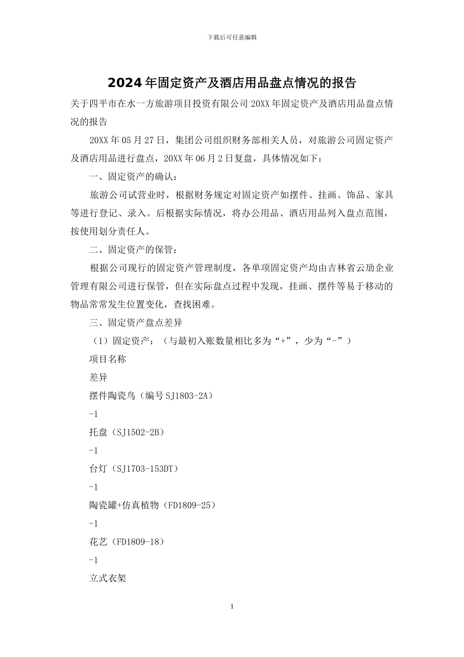 2024年固定资产及酒店用品盘点情况的报告_第1页
