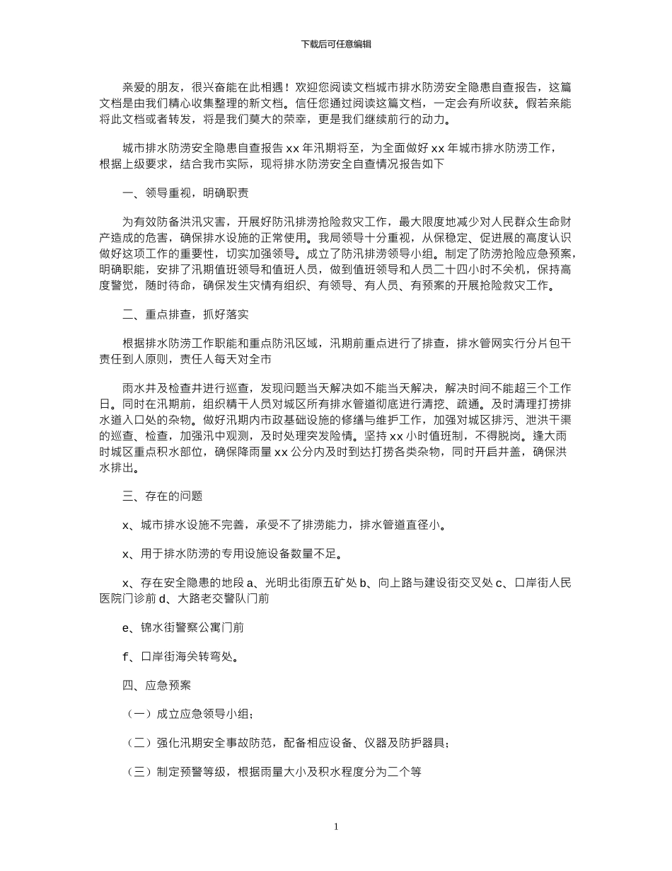 2024年城市排水防涝安全隐患自查报告_第1页