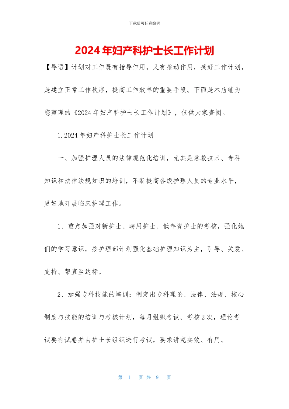 2024年妇产科护士长工作计划_第1页