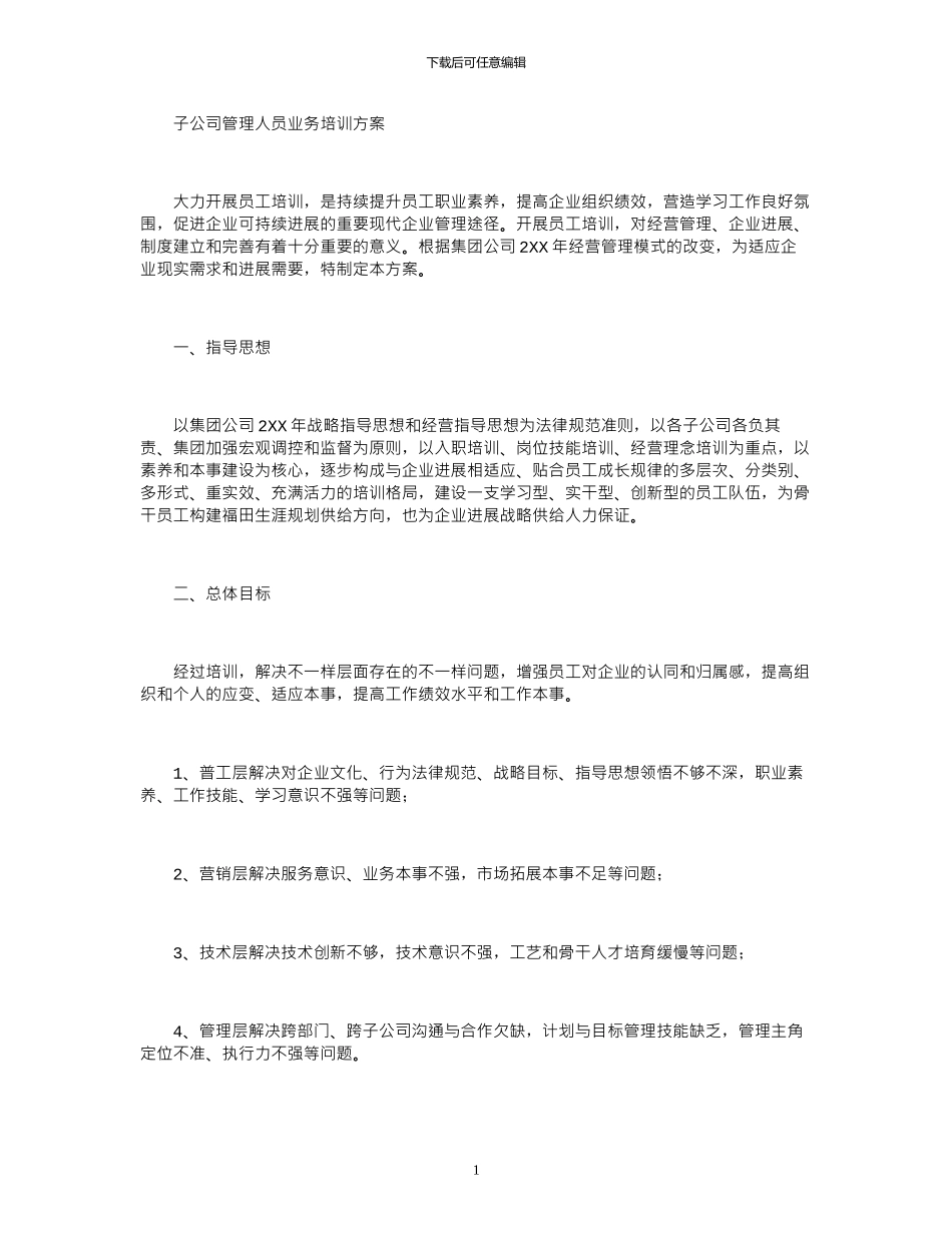 2024年子公司管理人员业务培训方案_第1页