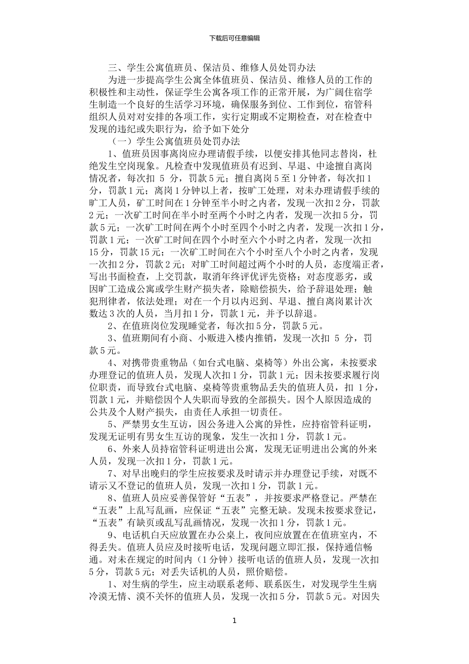 2024年学生公寓人员岗位职责及考核办法_第1页