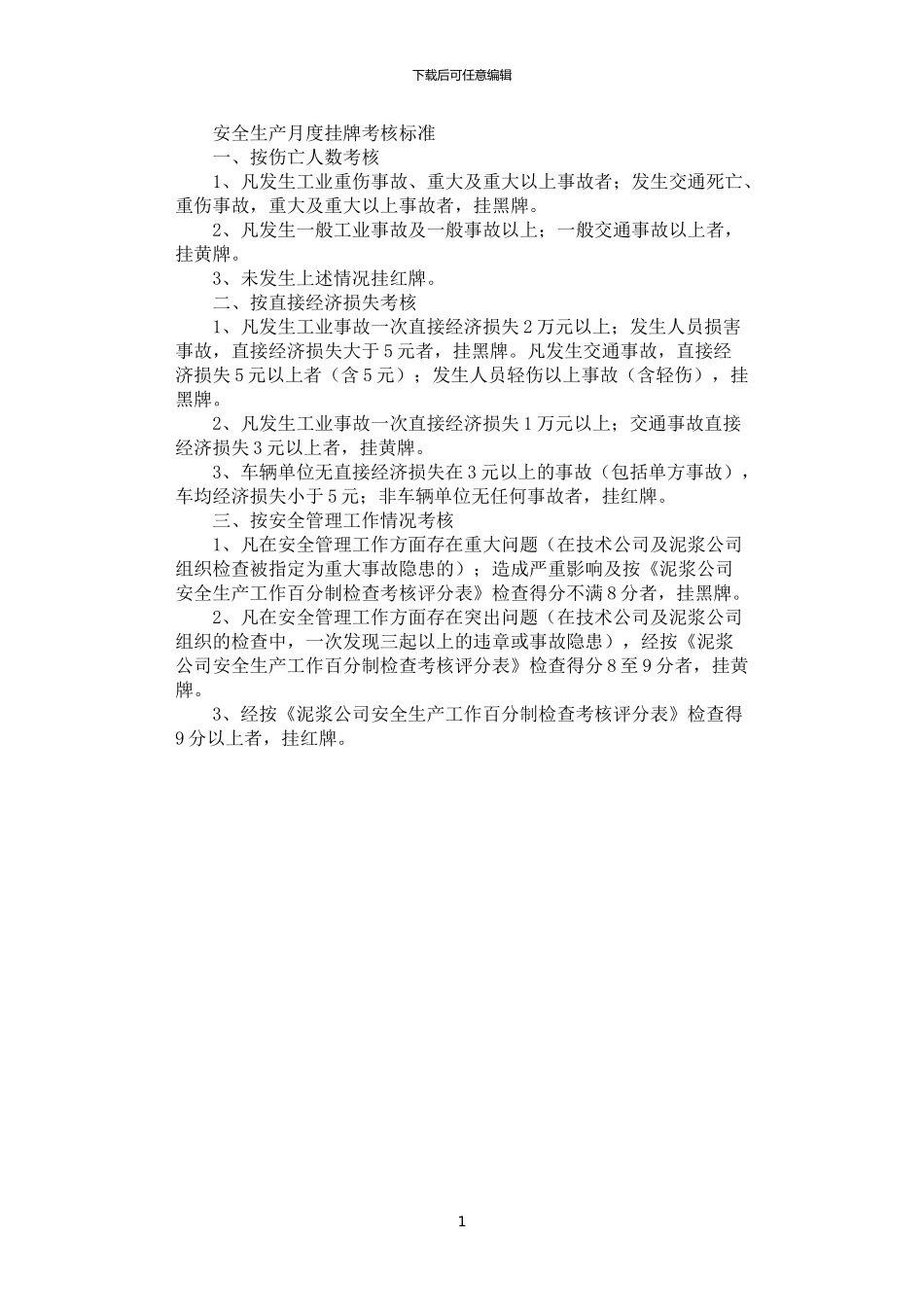 2024年安全生产月度挂牌考核标准_第1页