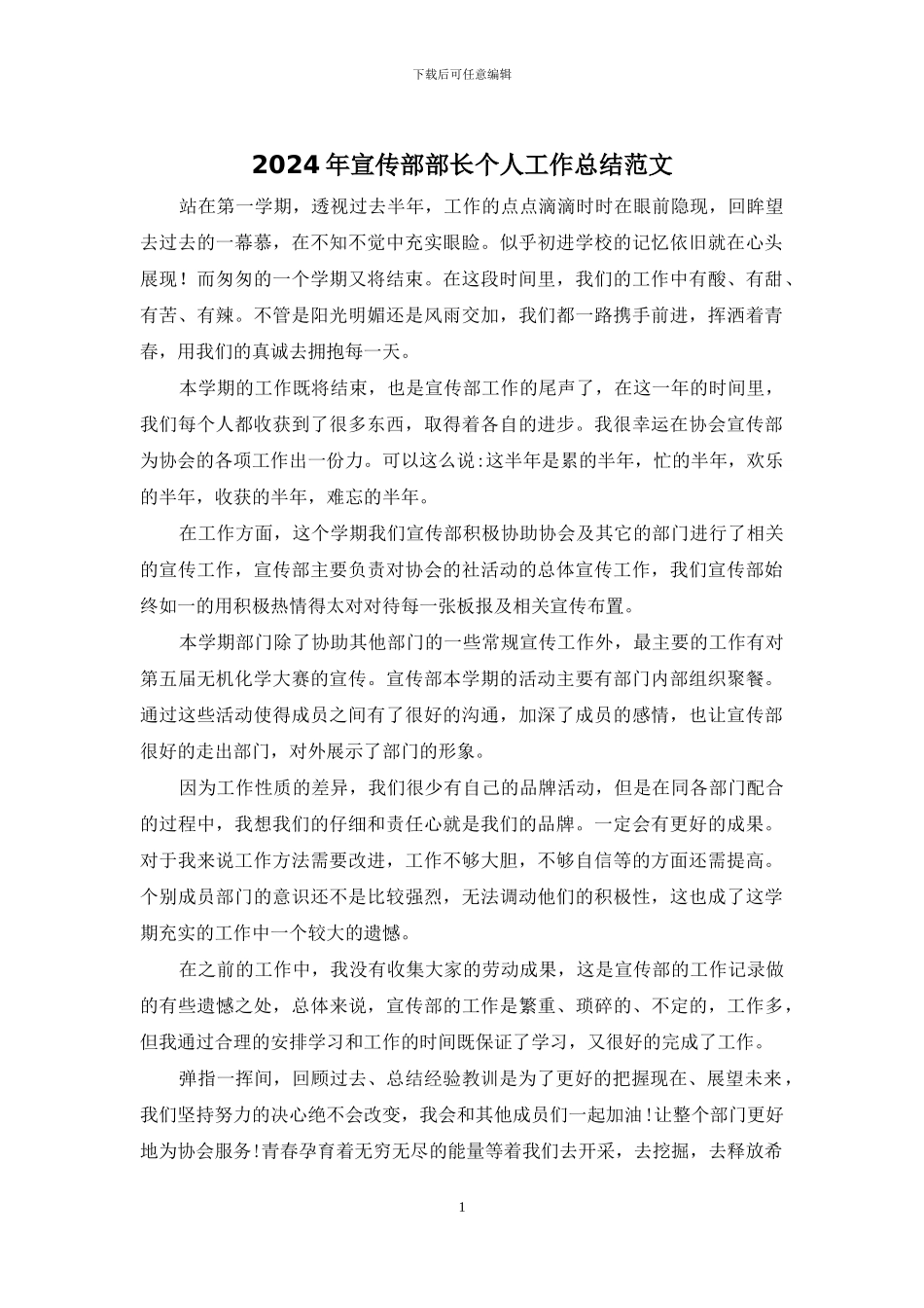 2024年宣传部部长个人工作总结范文_第1页