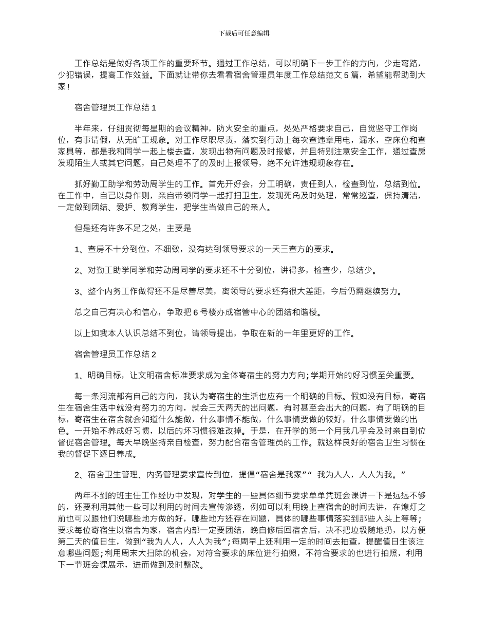 2024年宿舍管理员年度工作总结文档_第1页