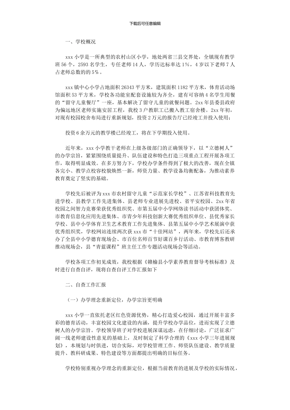 2024年小学迎接素质教育督导评估自查报告范本_第1页