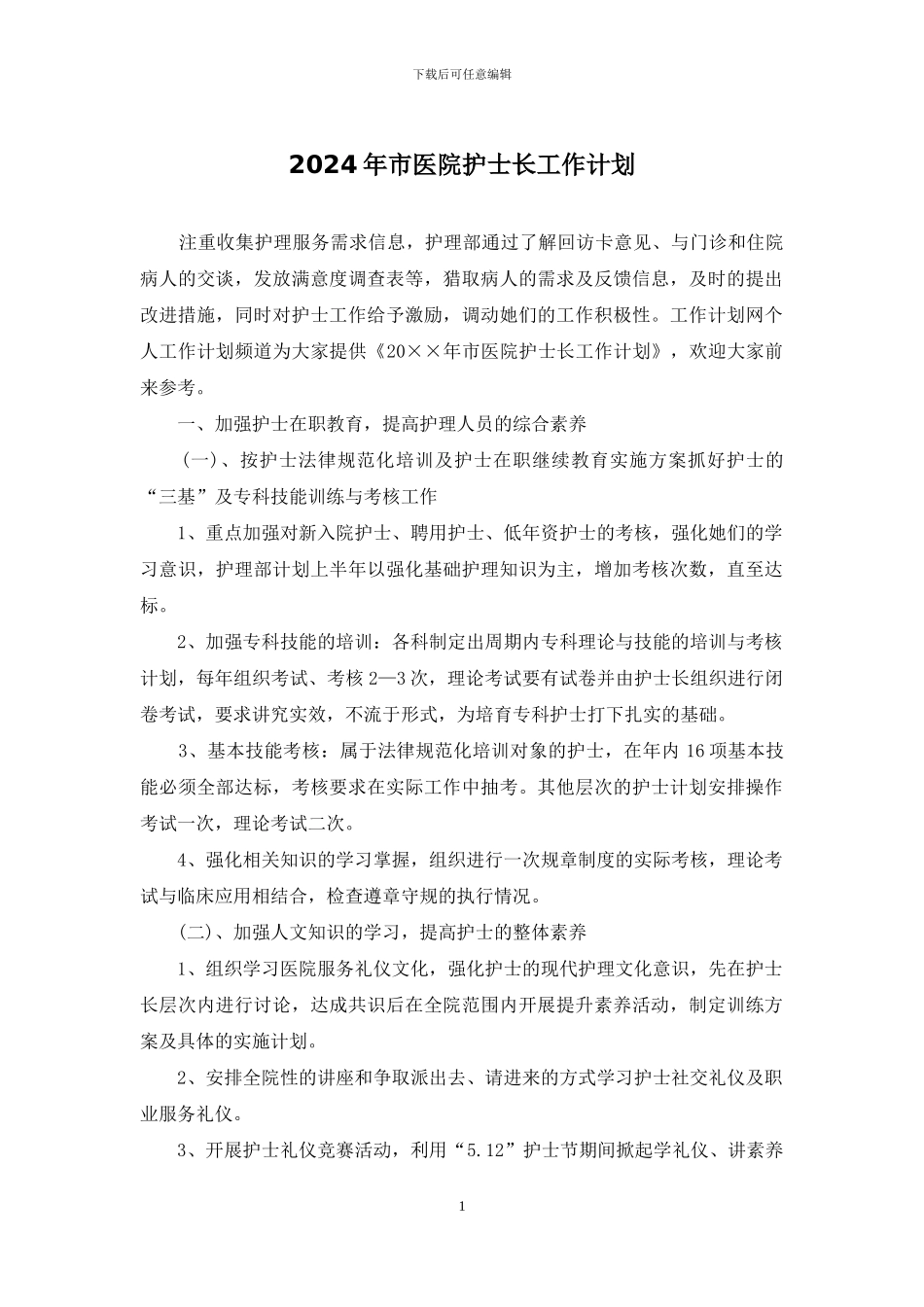 2024年市医院护士长工作计划_第1页