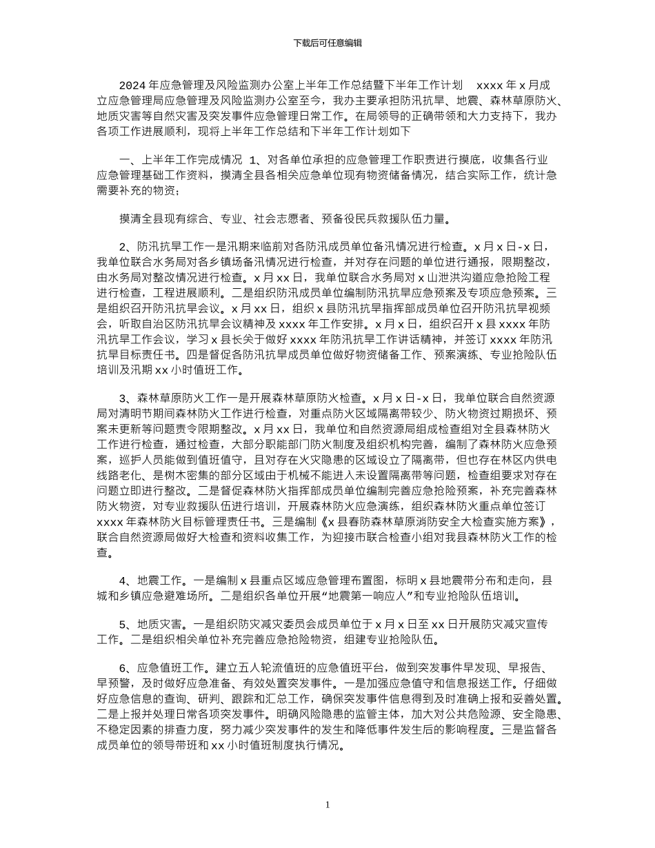 2024年应急管理及风险监测办公室上半年工作总结暨下半年工作计划_第1页