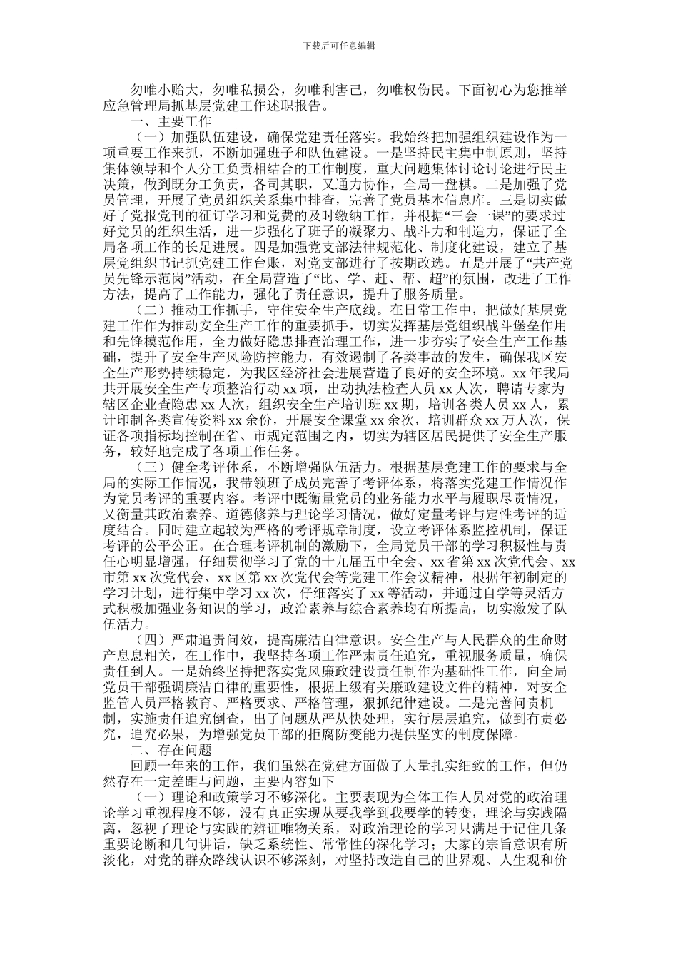 2024年应急管理局抓基层党建工作述职报告_第1页