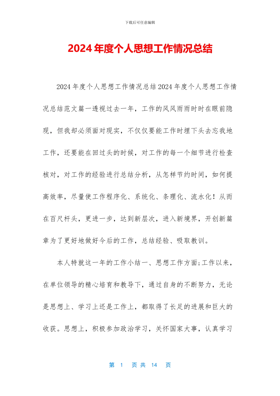 2024年度个人思想工作情况总结_第1页