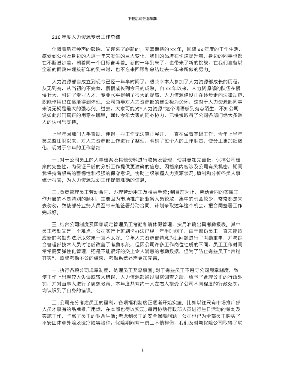 2024年度人力资源专员工作总结_第1页