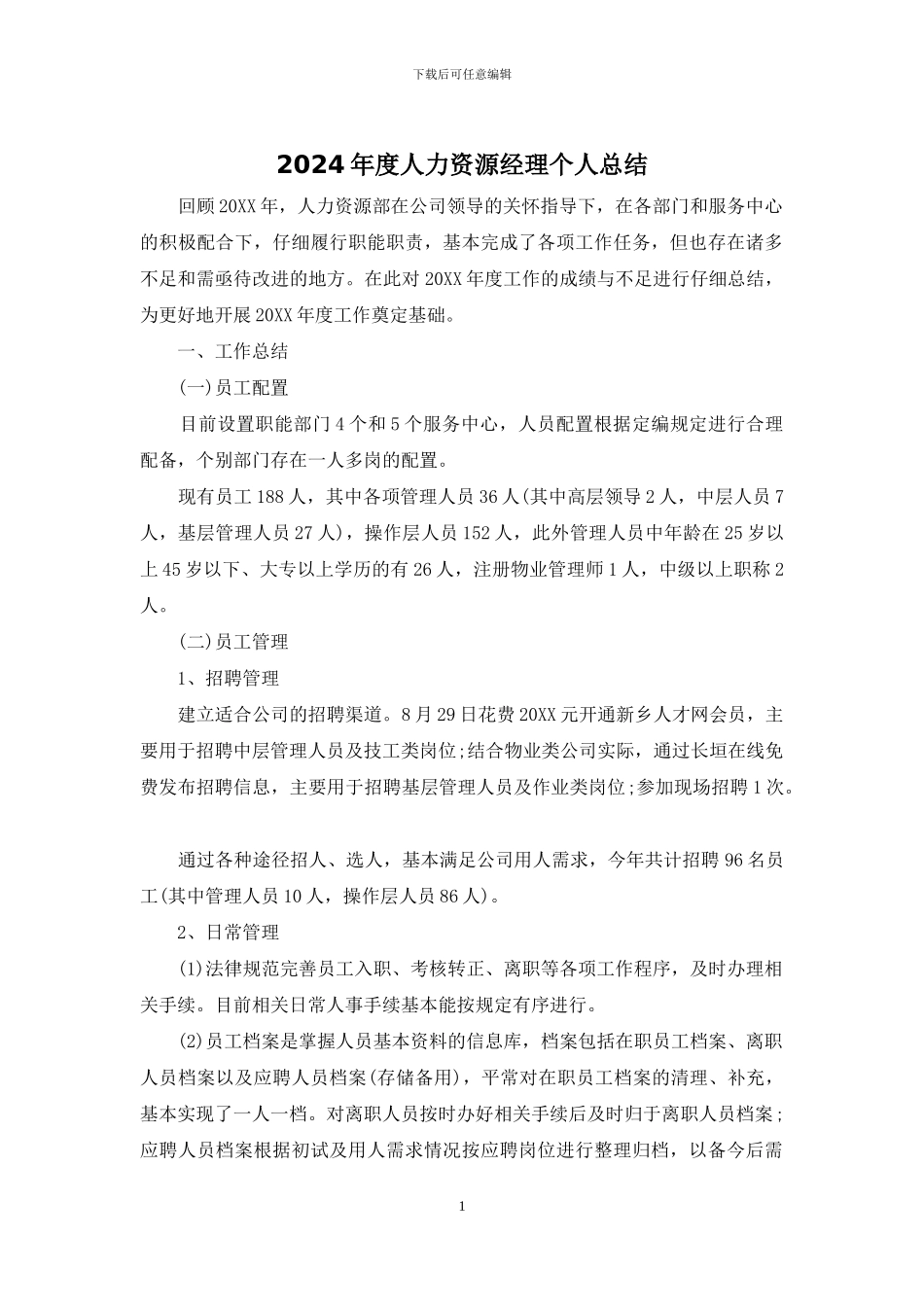 2024年度人力资源经理个人总结_第1页