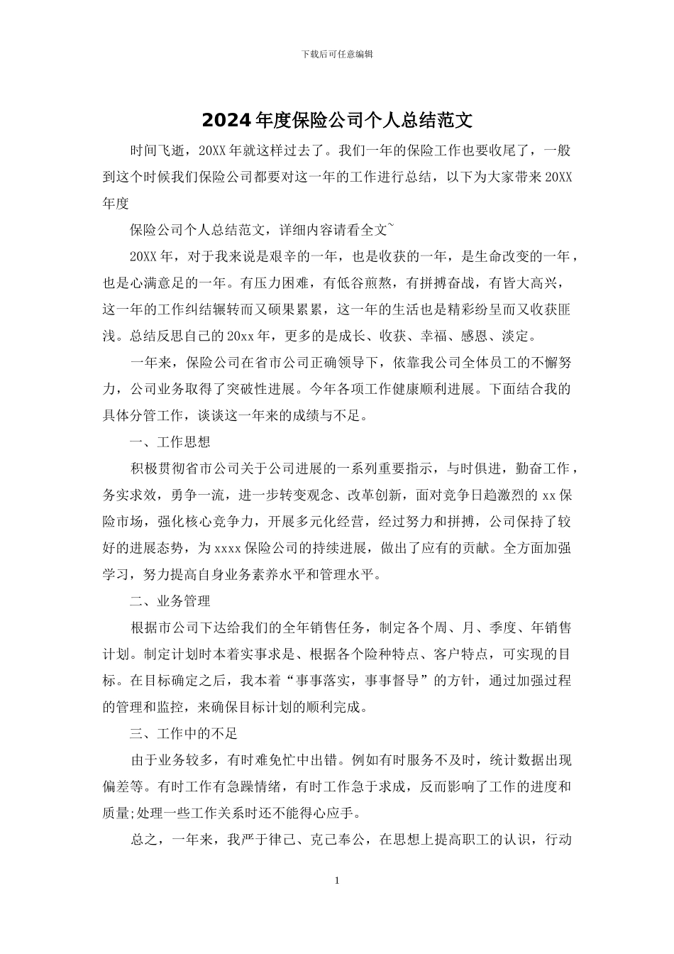 2024年度保险公司个人总结范文_第1页