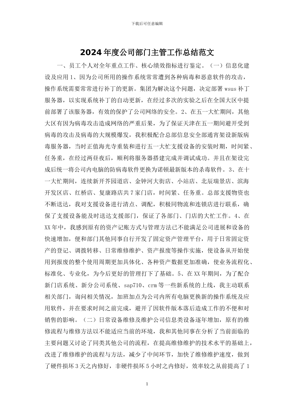 2024年度公司部门主管工作总结范文_第1页