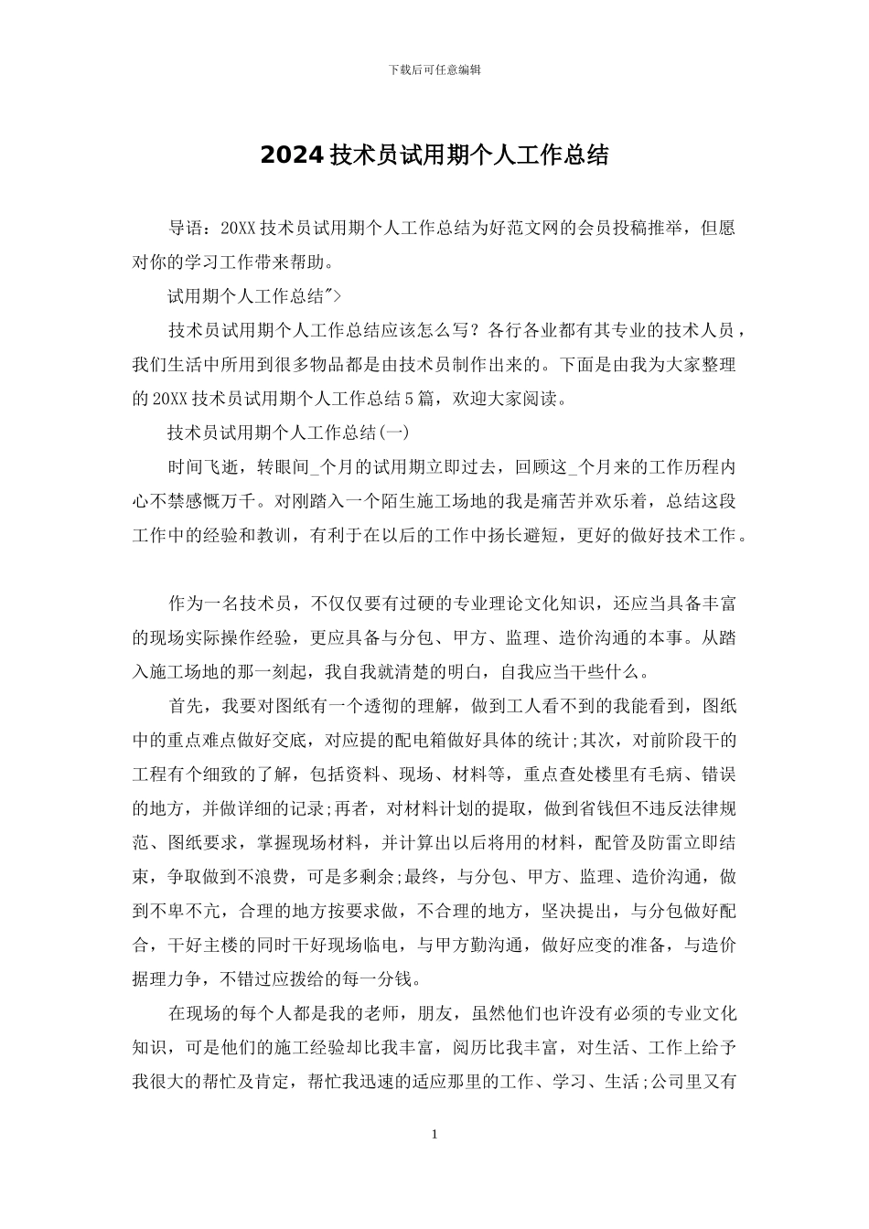 2024技术员试用期个人工作总结_第1页