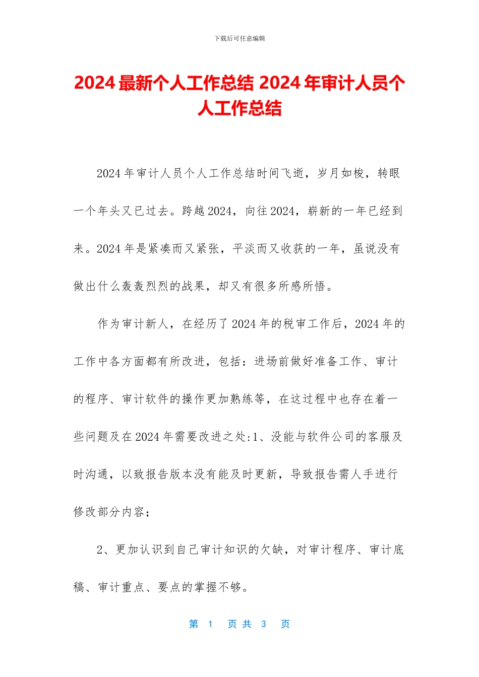 2024最新个人工作总结-2024年审计人员个人工作总结_第1页