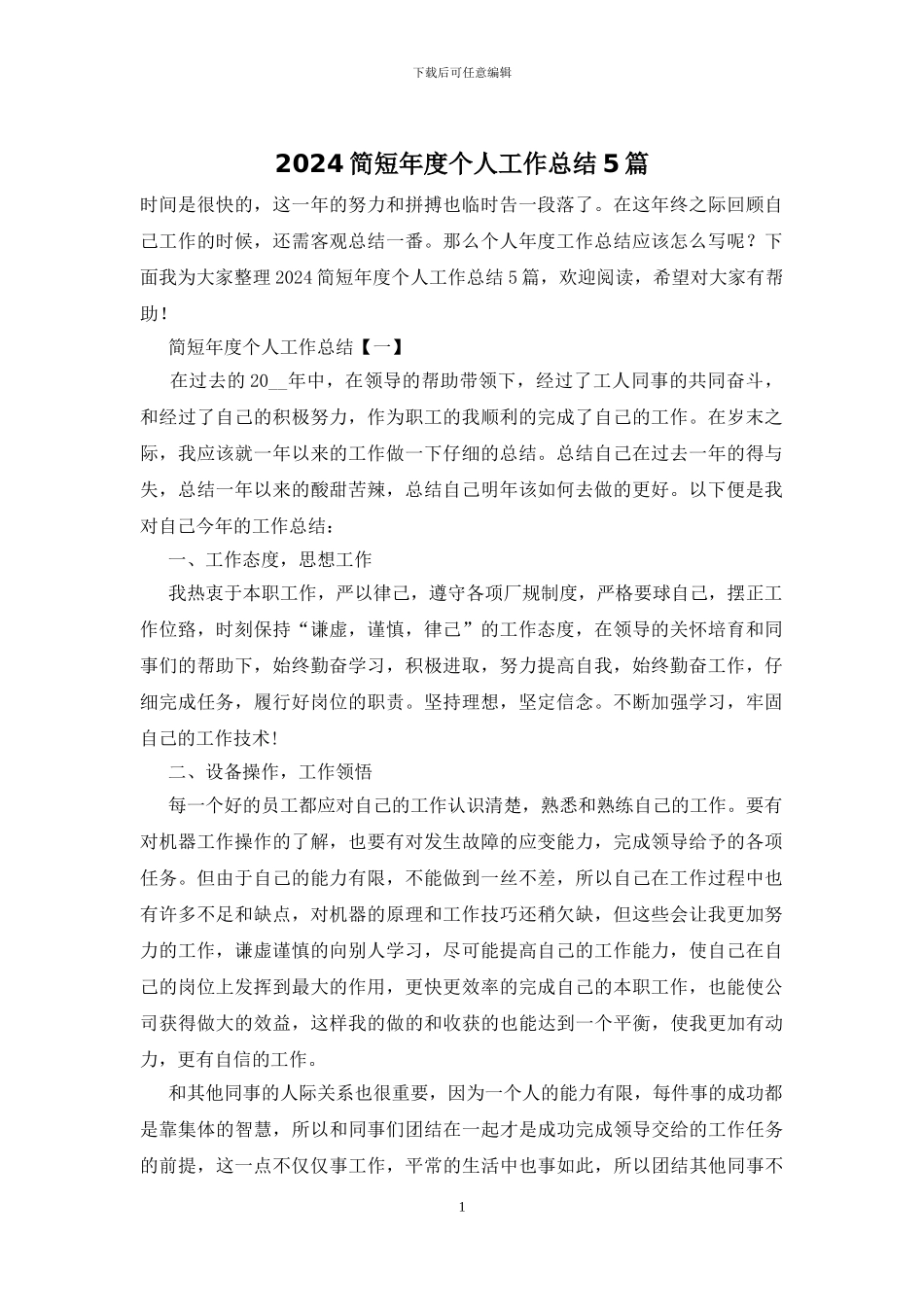 2024简短年度个人工作总结5篇_第1页