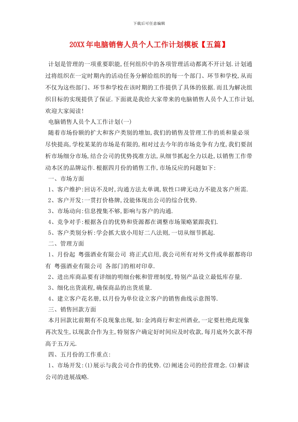 20XX年电脑销售人员个人工作计划模板_第1页