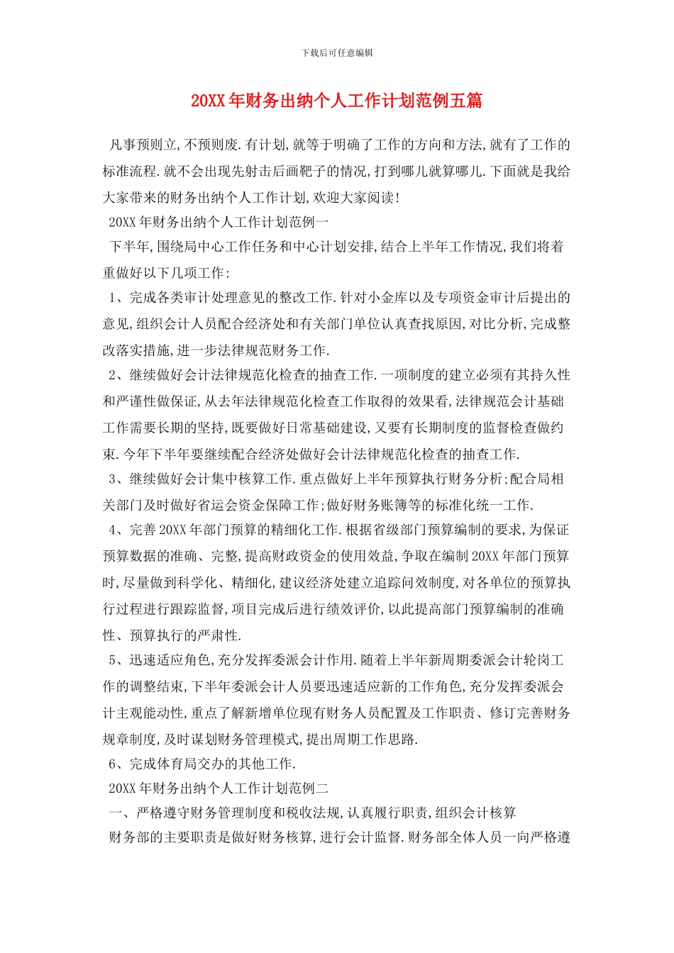 20XX年财务出纳个人工作计划范例五篇_第1页