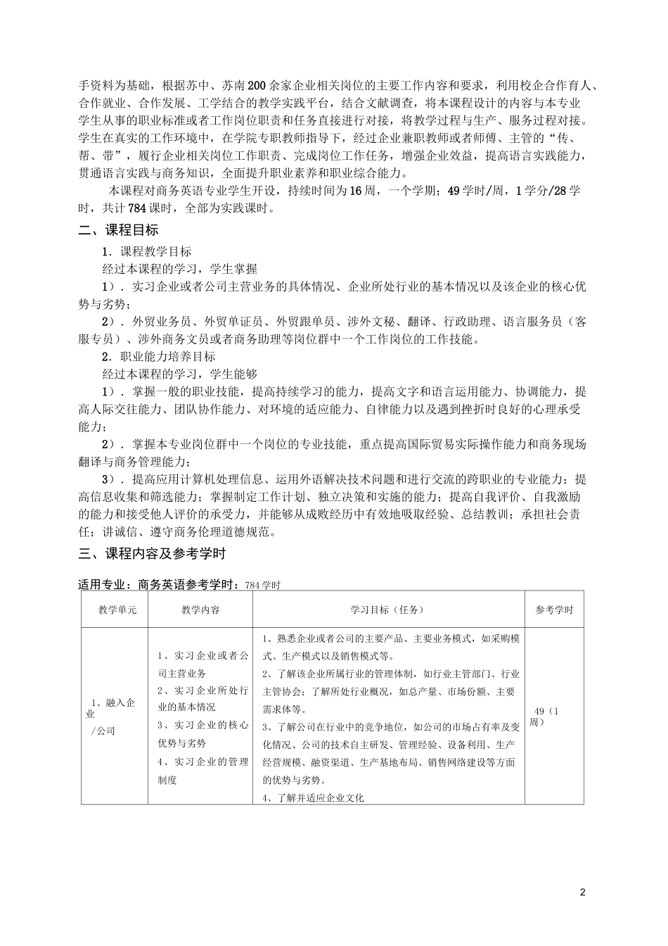 商务英语顶岗实习课程标准_第2页