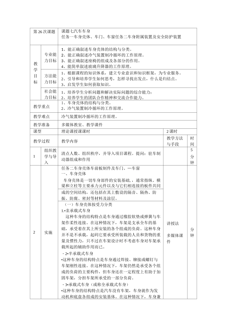 课题七  汽车车身 教案_第1页