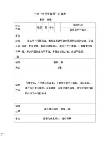 小学的六年级数学学困生辅导记载表