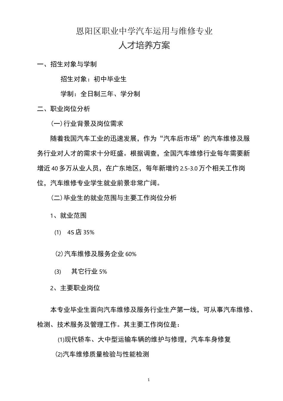 汽修专业人才培养方案_第1页