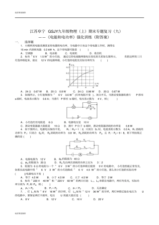 苏科版九年级物理上册物理期末专题复习九
