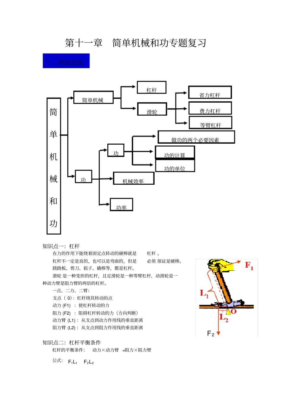 苏科版九年级物理简单机械和功知识点及练习题_第1页