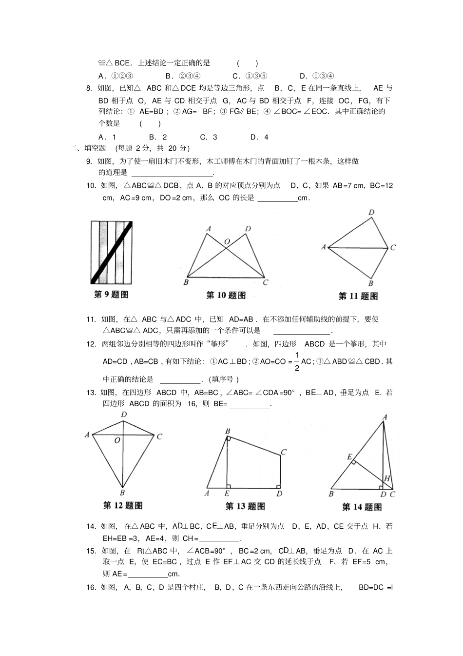 苏科版八年级数学上册全等三角形复习练习_第2页