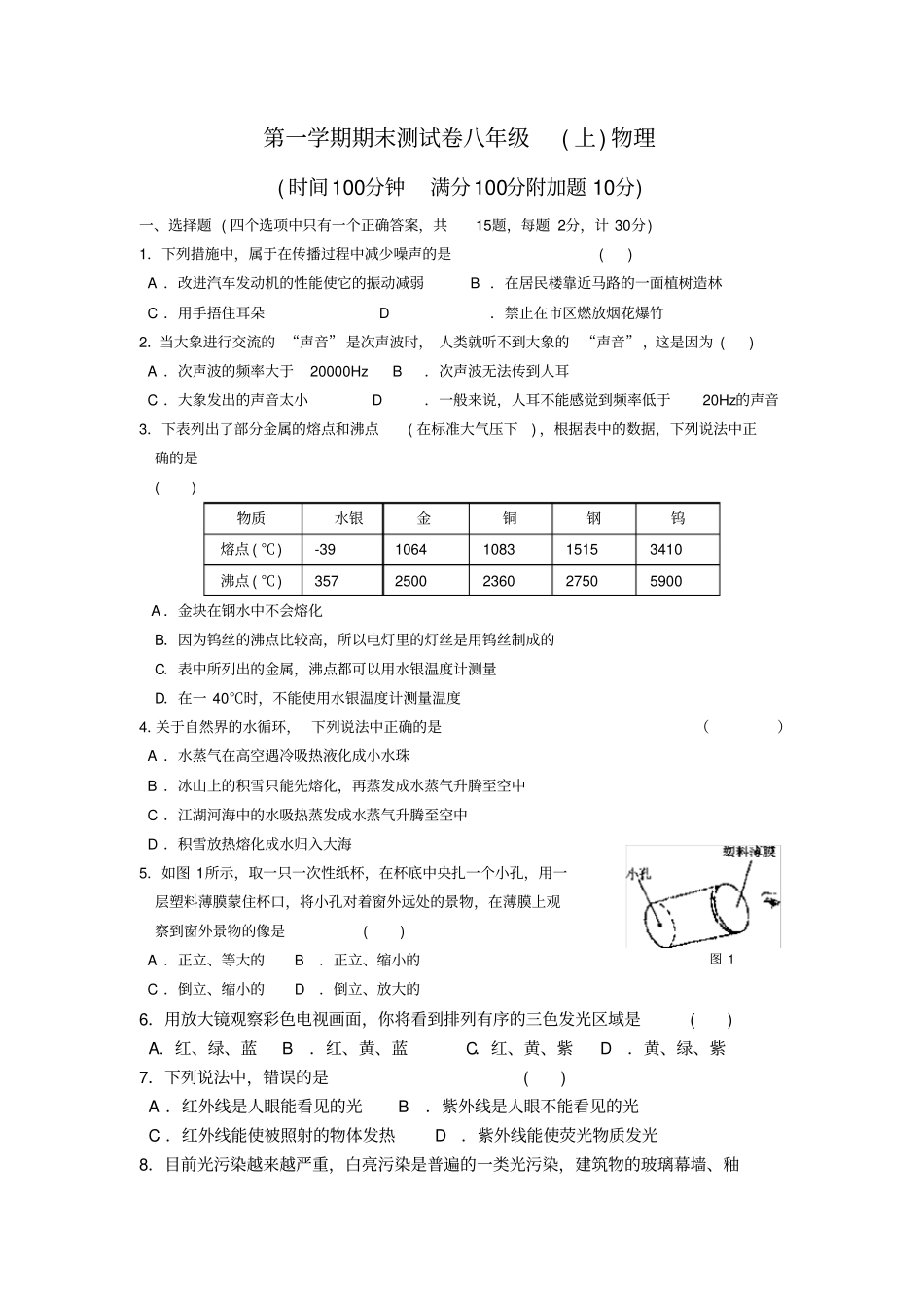 苏科版八年级物理上期末测试试卷_第1页
