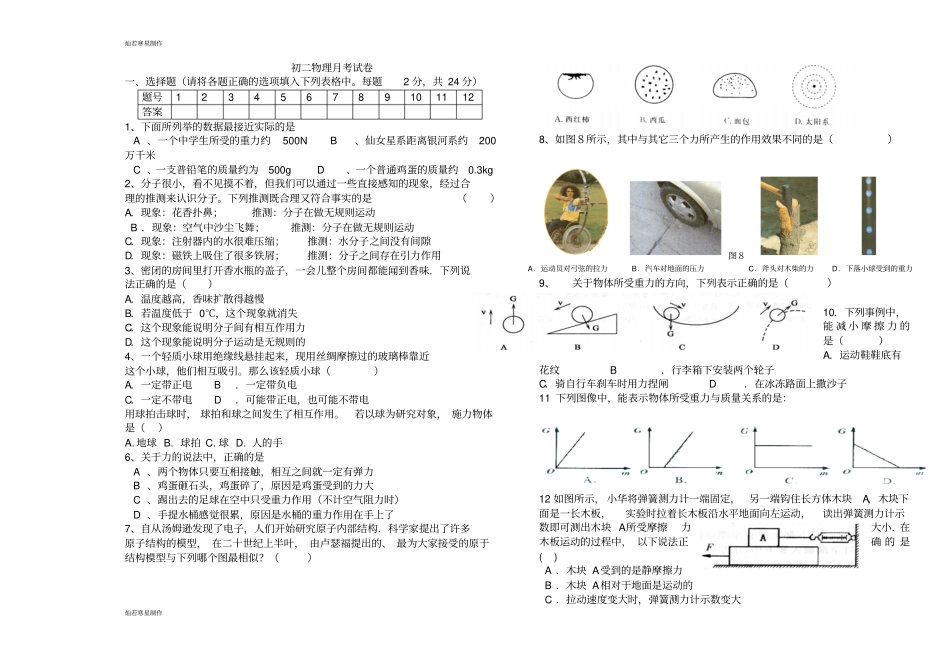 苏科版物理八年级下册初二物理月考试卷_第1页