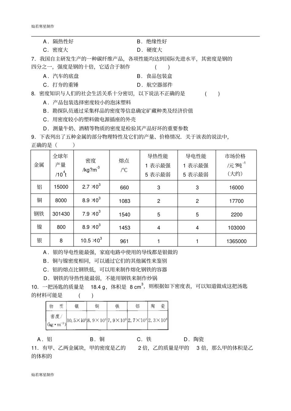 苏科版物理八年级下册物质的物理属性提优训练_第3页