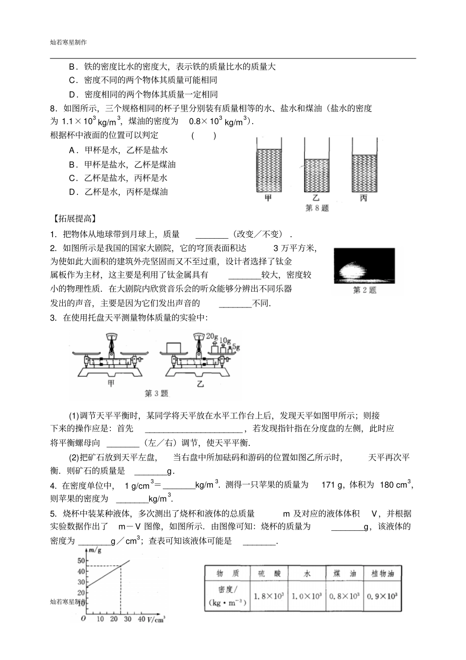 苏科版物理八年级下册物体的质量物质的物理属性专题练习_第2页