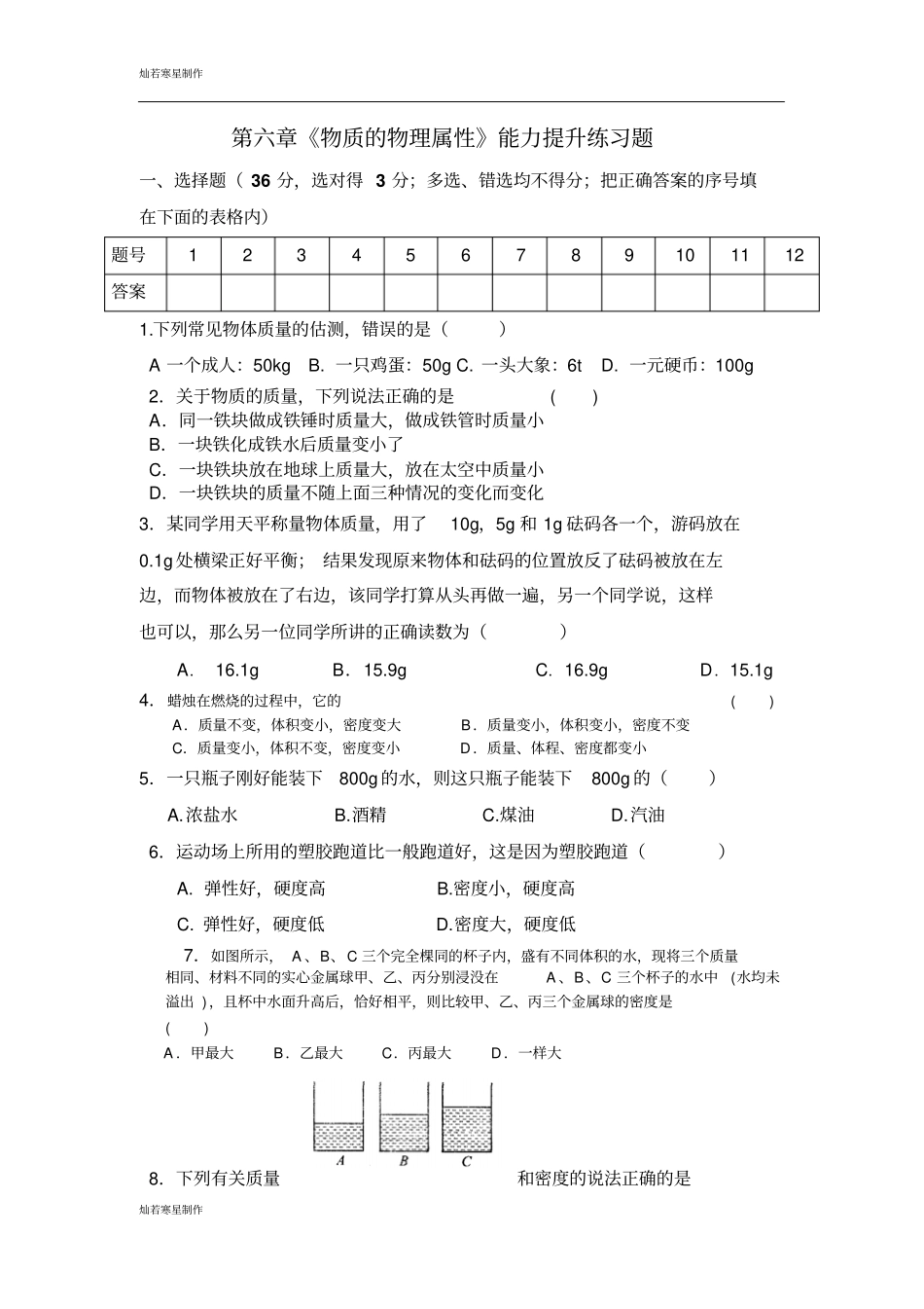 苏科版物理八年级下册物质的物理属性能力提升练习题_第1页